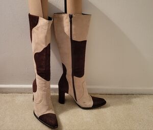 Mare Italy Cow Print Cream Tan Heeled Boots 36.5 6.5 Suede Leather